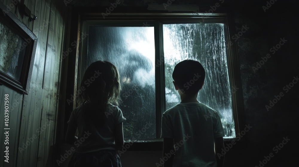 Children anxiously observe the approaching hurricane through a window in a dim, boarded-up house, filled with anticipation and fear Children anxiously observe the approaching hurricane through a window in a dim, boarded-up house, filled with anticipation and fear