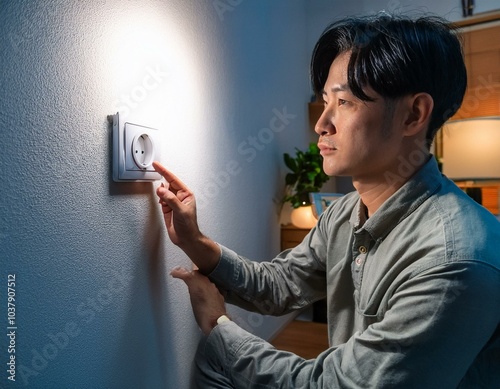 自宅で使っていない部屋の電気をこまめに消して回る人の姿。夜になっても必要最低限の照明だけを使い、エコで電気代を節約する意識が強く表れている。省エネのために、暖房やエアコンも適切に調整さ  photo