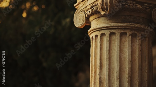 A close-up view of a Greco-Roman temple column showcasing divine proportion and intricate stone texture in warm light photo