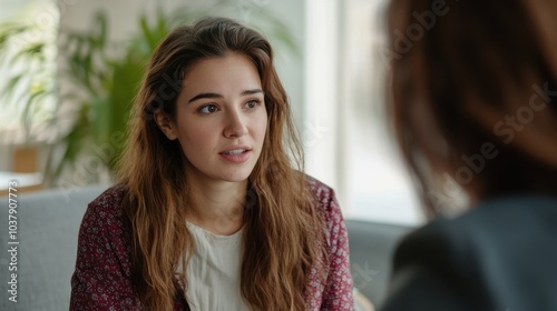 Psychologist engages in a supportive conversation with a client during a therapy session in a calming environment