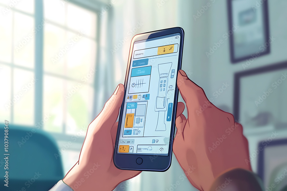 © Noufaldi - A person holding a smartphone displaying a design interface for a device. © Noufaldi - A person holding a smartphone displaying a design interface for a device.