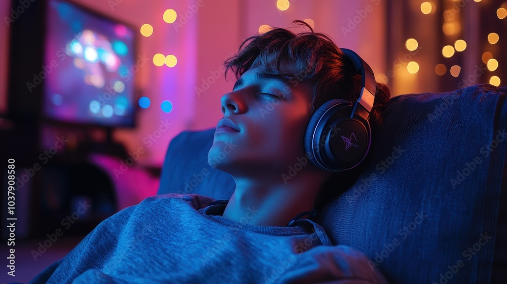 A young man is wearing headphones and sleeping on a couch A young man is wearing headphones and sleeping on a couch