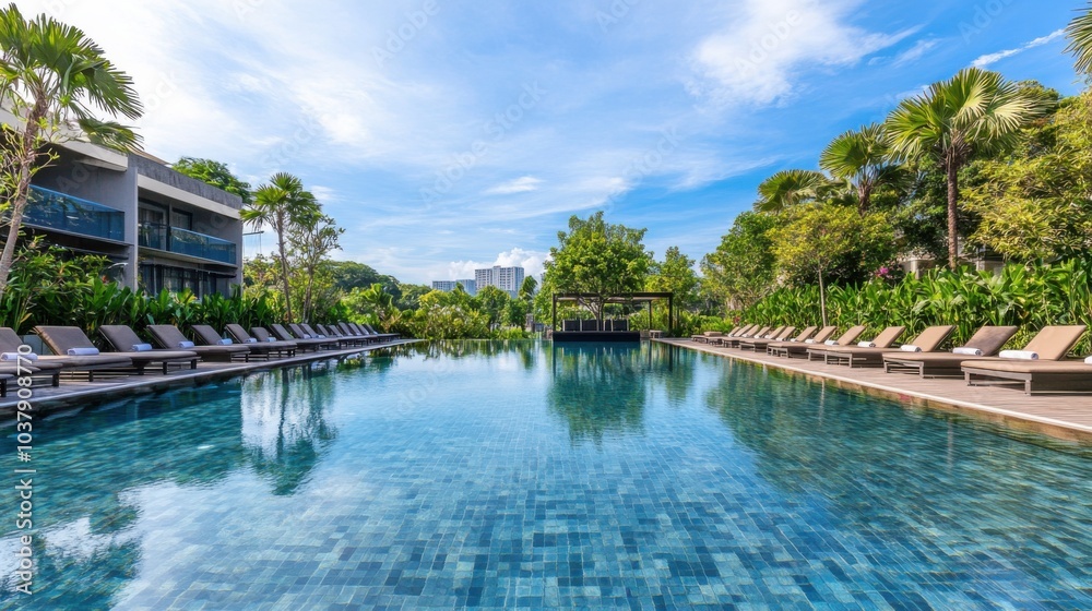 Obraz premium A serene outdoor swimming pool with clear water and neatly arranged lounge chairs, surrounded by tropical plants and a bright blue sky, early morning light creating a tranquil atmosphere