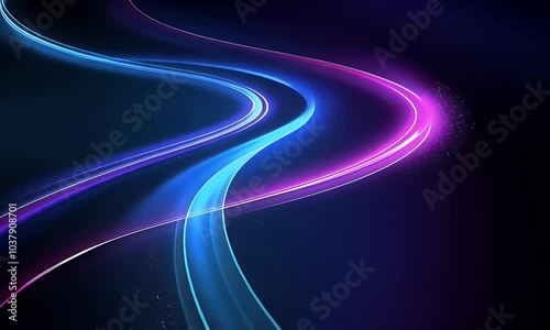 Abstract background with neon glowing lines in curved shapes on a dark blue and purple background,