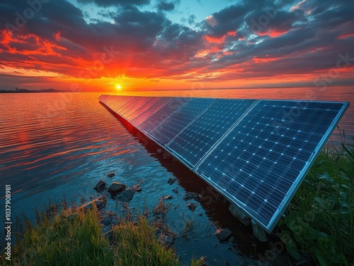 solar panel systems silhouetted against a brilliant sunset, embodying sustainable living and the pursuit of alternative energy sources in a captivating visual narrative photo