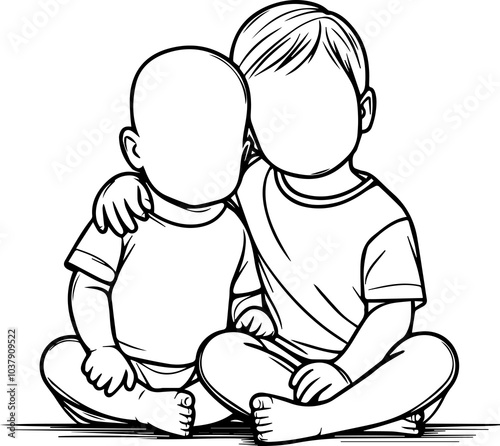 Black Line Art Cutie Baby Friendship Brotherhood Sitting Pose Hand Drawn Illustration