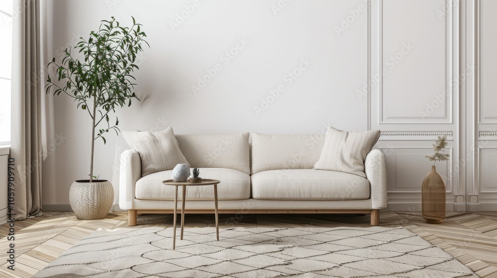 A white couch sits in a room with a white wall and a white rug. A potted plant sits on a table next to the couch A white couch sits in a room with a white wall and a white rug. A potted plant sits on a table next to the couch