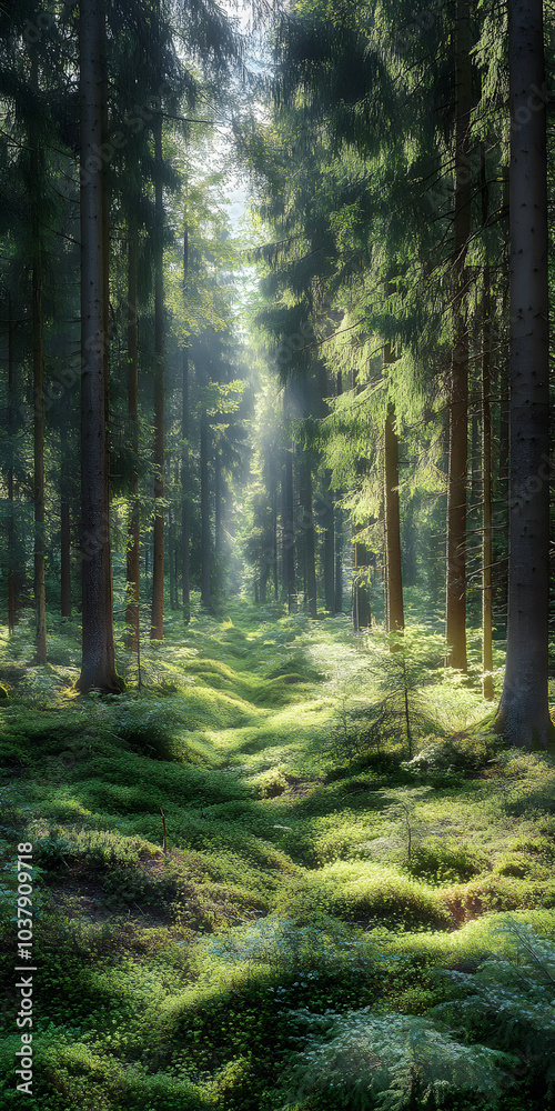 Obraz premium Paisagem florestal com raios de sol passando pelas árvores