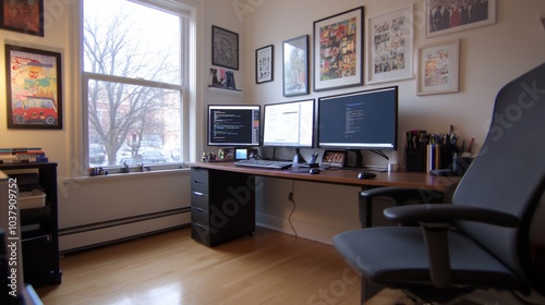 A modern home office with a desk, chair, and three computer monitors. The office has a window with a view of trees and a city street. The walls are decorated with framed artwork.