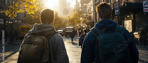 Two friends walking in the city at sunset, backpacks on, enjoying the evening ambiance.