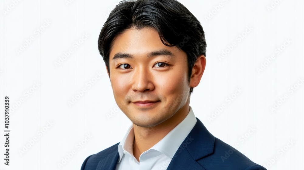 Portrait of a confident young man in a suit, smiling against a clean white background. Portrait of a confident young man in a suit, smiling against a clean white background.