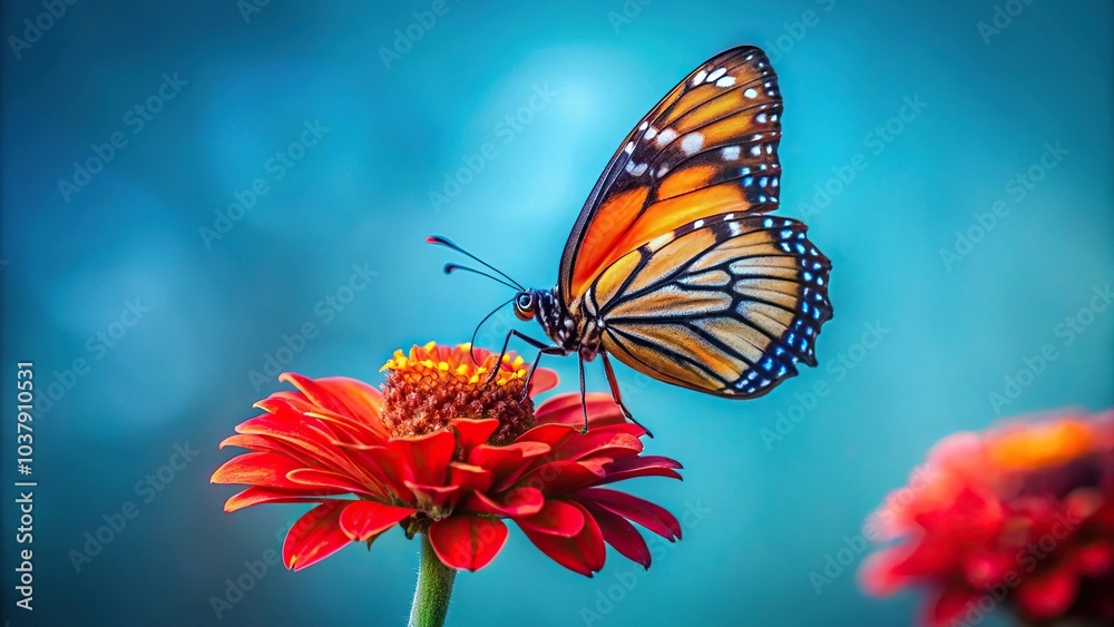 Fototapeta premium Orange and black butterfly on dark red flower with light blue background high angle view