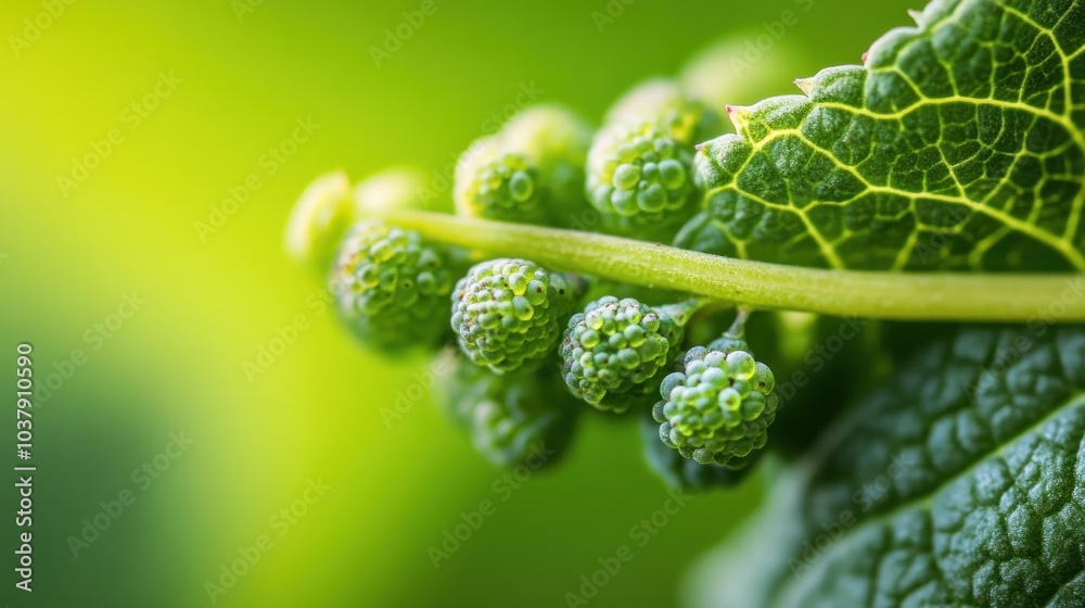 Macro view of a wild grapevine in the early stages of grape development showcasing intricate leaf and vine textures Macro view of a wild grapevine in the early stages of grape development showcasing intricate leaf and vine textures
