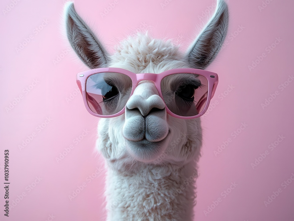 surreal concept featuring a cool llama wearing stylish sunglasses against a solid pastel background, creating a playful and whimsical atmosphere for commercial and editorial purposes