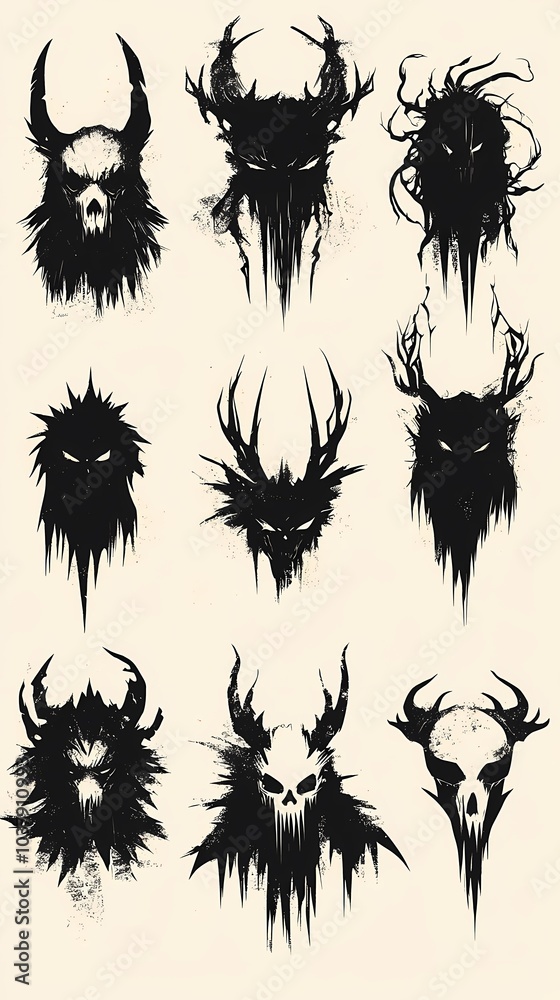 Fototapeta premium A collection of nine dark and eerie animal skull illustrations with unique designs.