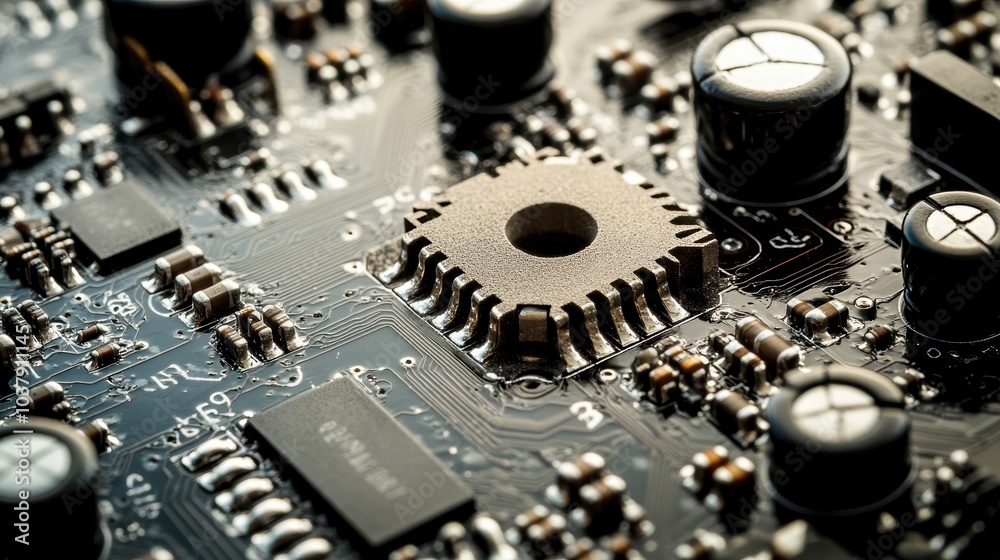 Close-up of a complex circuit board showcasing various electronic components and microchips. Close-up of a complex circuit board showcasing various electronic components and microchips.