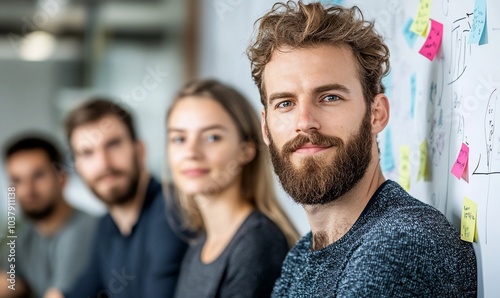 A team of four young professionals stand in front of a whiteboard covered in colorful sticky notes.