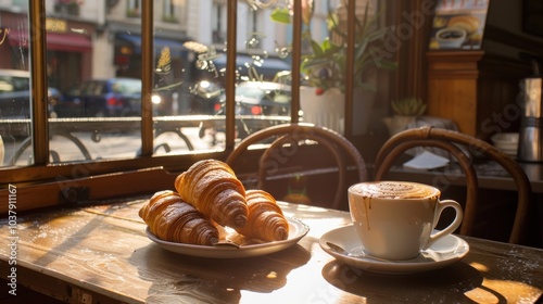 Enjoying a leisurely morning with coffee and croissants at a charming Parisian café in the warm sunlight