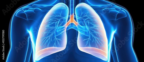 Anatomical illustration of human lungs in vibrant colors against a dark background, highlighting their structure and function.