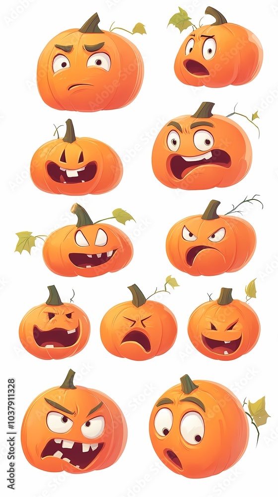 A playful collection of cartoon pumpkins displaying various emotions and expressions.