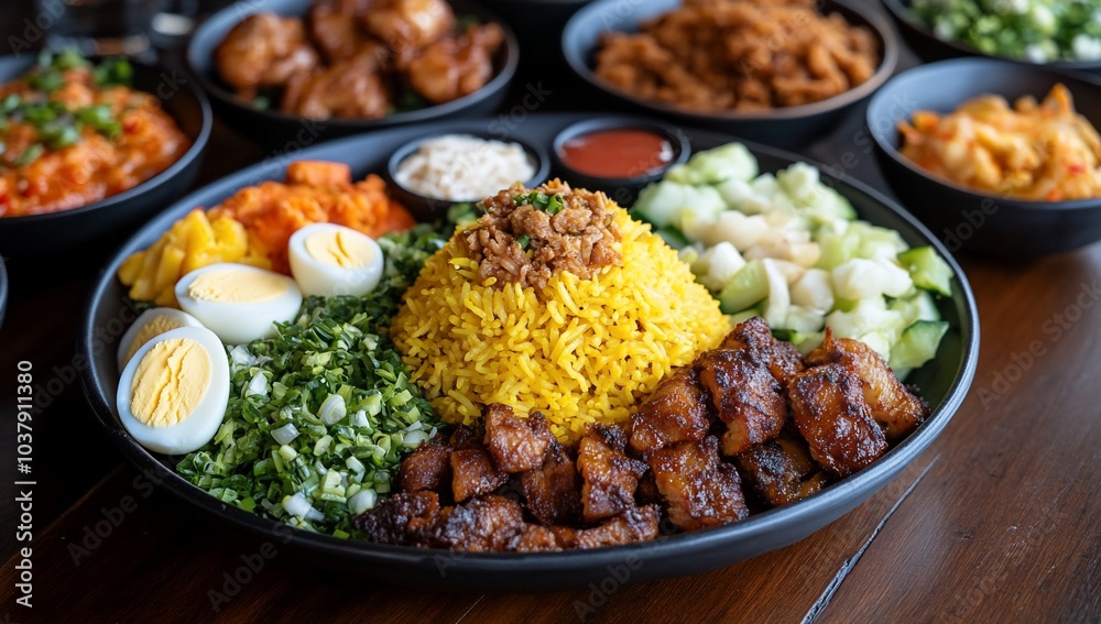 A vibrant and flavorful plate of yellow rice topped with various ingredients, including meat, vegetables, and boiled eggs, presented in a black dish on a wooden table. A vibrant and flavorful plate of yellow rice topped with various ingredients, including meat, vegetables, and boiled eggs, presented in a black dish on a wooden table.