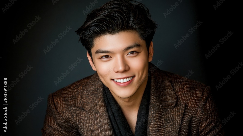 A smiling young man with stylish hair poses confidently against a dark background, showcasing his charming personality.