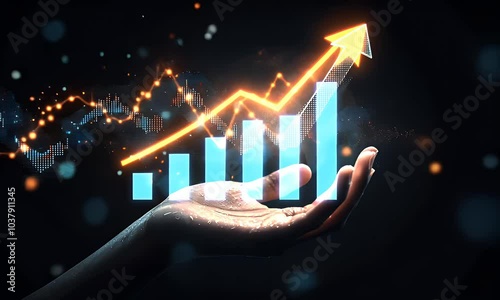 Businessman's hand holding a growth graph chart and an arrow pointing up, set against a digital technology background, representing a business plan,