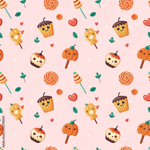 Cute Candies for Spooky Halloween, Vector style, seamless