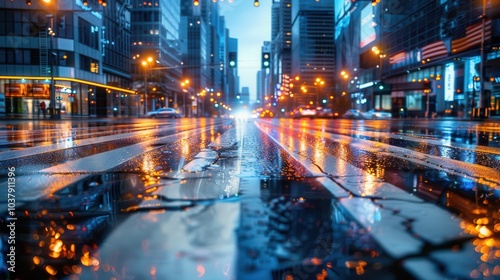 A city street with a lot of lights and a lot of cars. The street is wet and the cars are driving on it