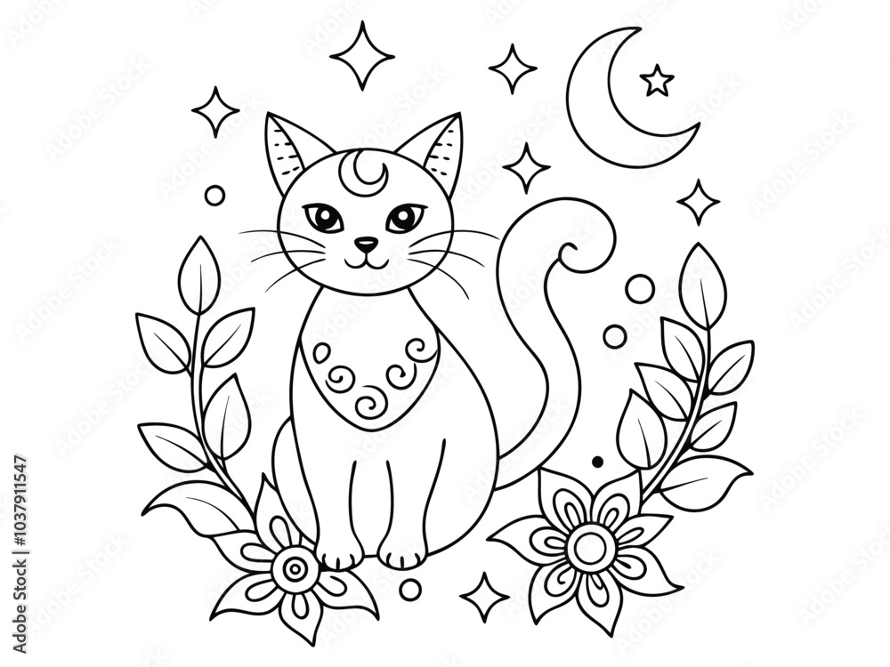 Fototapeta premium Cat and moon hand drawn for adult coloring book. Hand drawn coloring page with a cats on the roof.