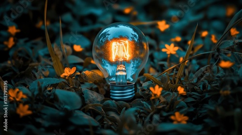 A glowing vintage light bulb surrounded by lush greenery and delicate yellow flowers, symbolizing creativity and nature. photo