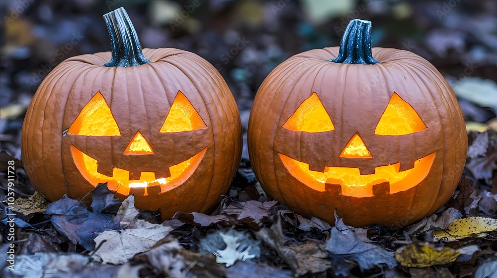 Fototapeta premium Two festive carved pumpkins glowing warmly amidst fallen autumn leaves.