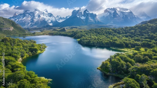 Breathtaking drone view of Patagonia's lush forests and clear lakes surrounded by majestic mountains