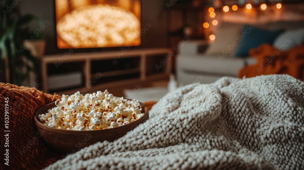 A bowl of popcorn is on a couch in front of a television A bowl of popcorn is on a couch in front of a television