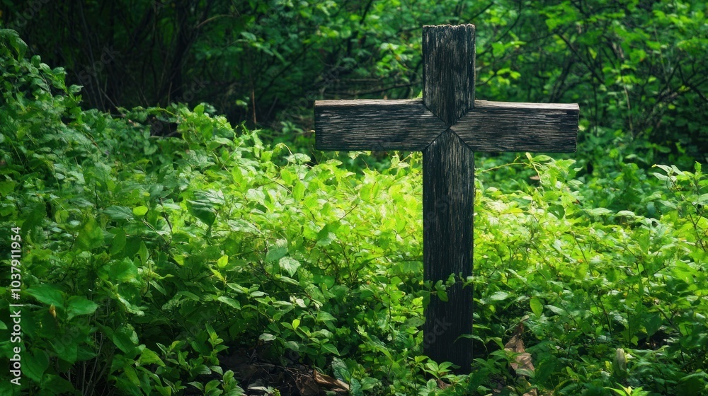 Wooden Cross in Lush Greenery Wooden Cross in Lush Greenery