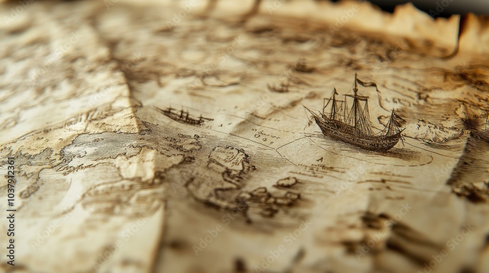 Close-up of an antique map depicting Columbus's voyage to the New World with intricate details and worn edges Close-up of an antique map depicting Columbus's voyage to the New World with intricate details and worn edges