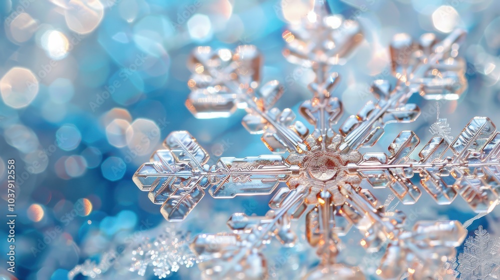 A snowflake is floating in the air above a blue background. The snowflake is made of clear glass and has a shiny, reflective surface. The blue background adds a sense of calmness A snowflake is floating in the air above a blue background. The snowflake is made of clear glass and has a shiny, reflective surface. The blue background adds a sense of calmness