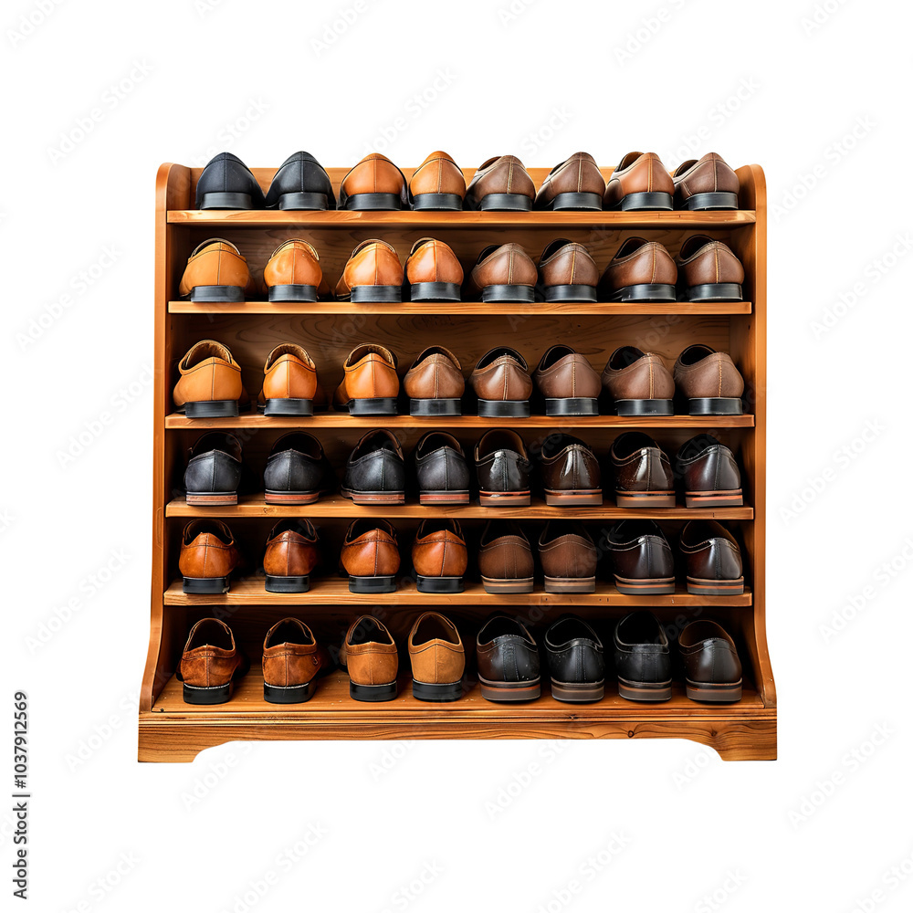 Collection of Leather Shoes Organized on a Wooden Shoe Rack Collection of Leather Shoes Organized on a Wooden Shoe Rack