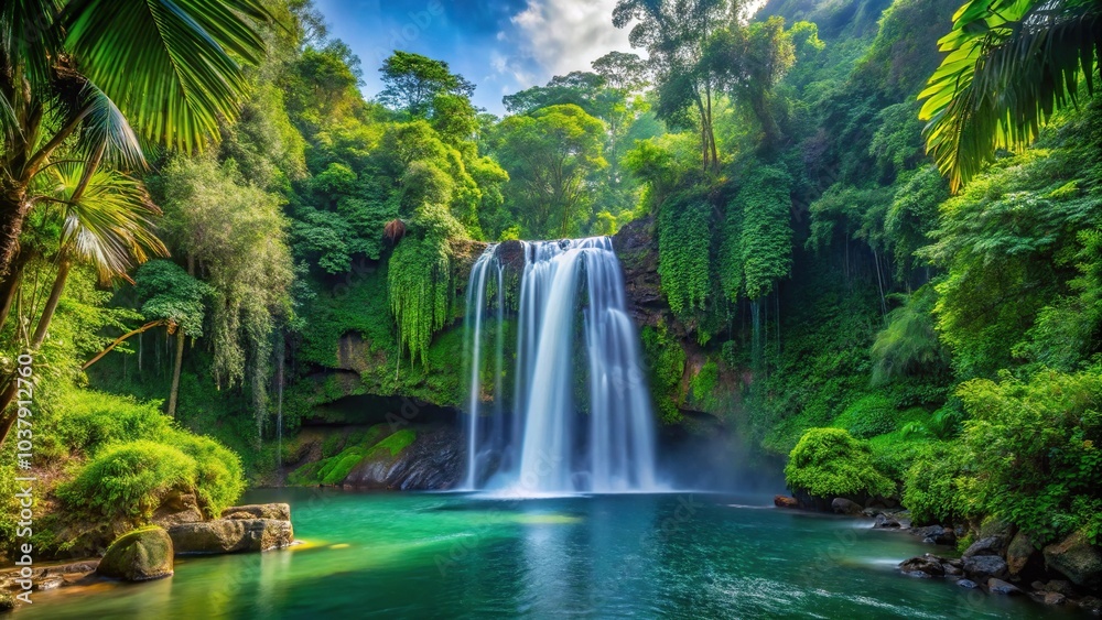 Panoramic view of stunning waterfall in lush jungle, cascading water flow through green tropical forest