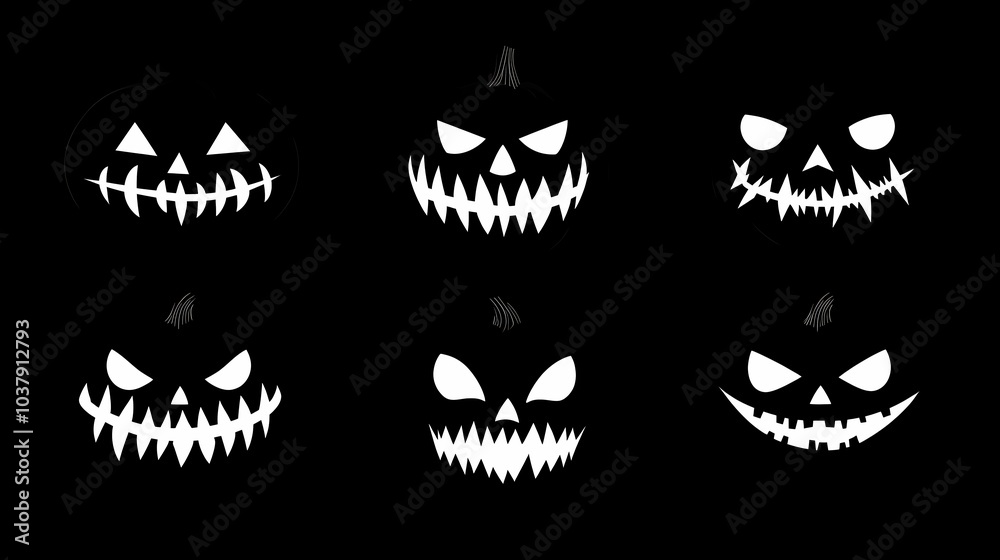 Obraz premium Set of spooky Halloween pumpkin faces in white on black background.