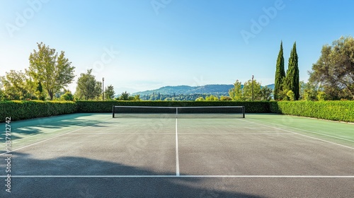 Wallpaper Mural A serene outdoor tennis court with freshly painted lines and a backdrop of manicured gardens and a clear blue sky, early morning light adding a peaceful touch, Minimalist style Torontodigital.ca