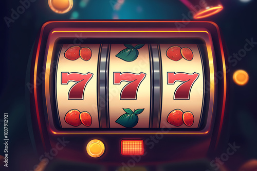 A colorful slot machine displaying three sevens and fruit symbols, representing gambling fun.
