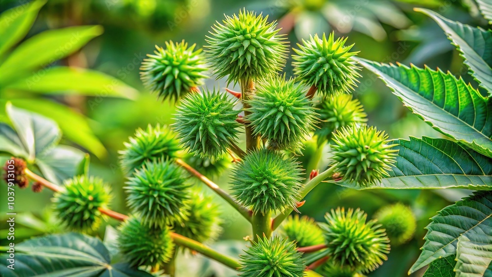 Point of view close-up of Ricinus communis green seeds on the castor oil plant Point of view close-up of Ricinus communis green seeds on the castor oil plant