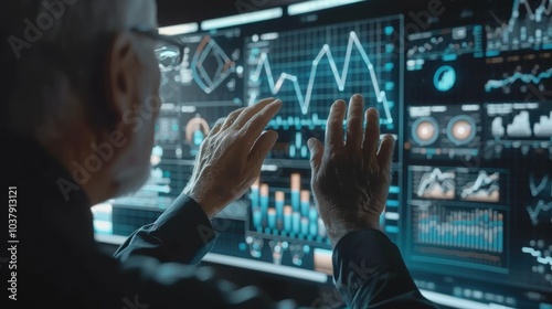 A man is looking at a computer screen with a lot of graphs and numbers. He is using his hands to point at the numbers and seems to be analyzing the data