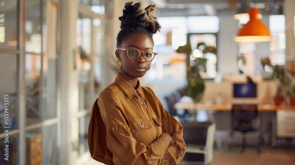 Fototapeta premium An office worker showcases a unique personal style while standing confidently in a modern workspace during daylight hours