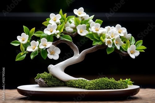 Amelanchier lamarckii tree in hyper-realistic detail, with its white blossoms and textured bark captured in lifelike clarity photo