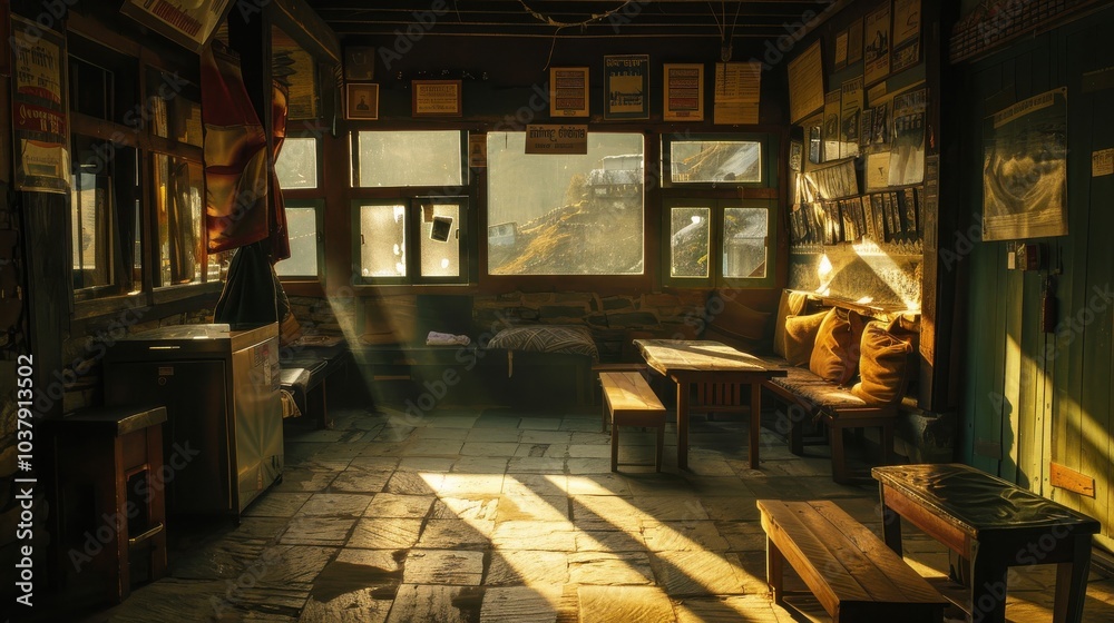 An isolated tea house providing warmth and comfort along a mountain trail at sunset An isolated tea house providing warmth and comfort along a mountain trail at sunset