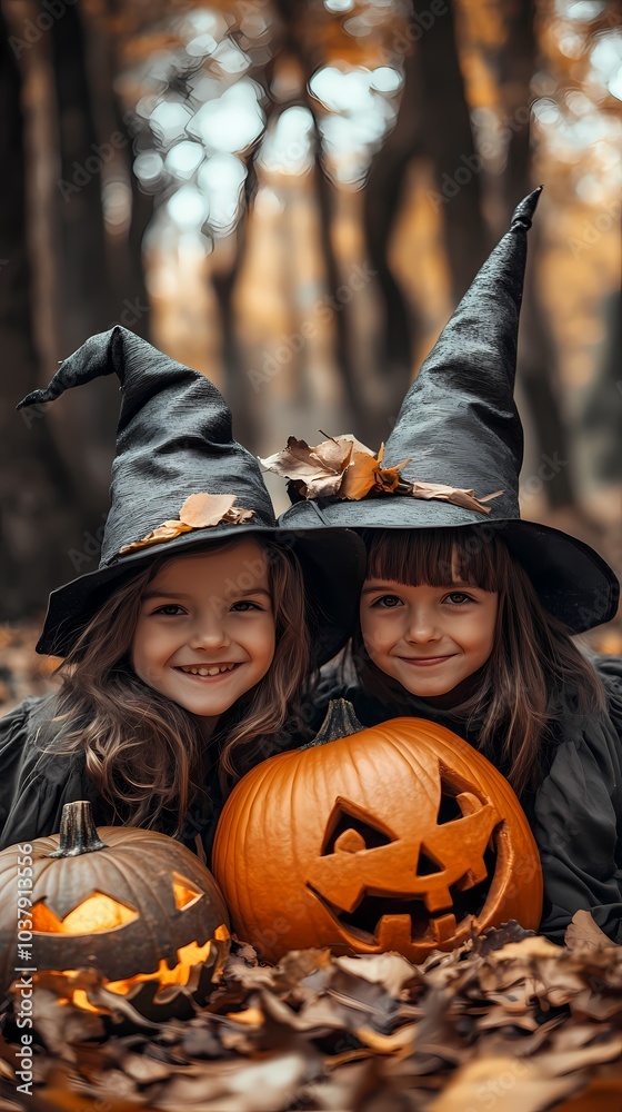 Fototapeta premium Two young girls in witch hats smile beside carved pumpkins on a fall day.