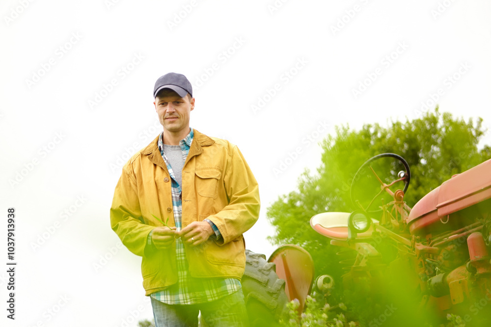 Outdoor, farm and man with tractor, thinking and ideas in agro industry for small business owner at harvest. Agriculture, sustainability and farmer in field with plants, truck and calm countryside Outdoor, farm and man with tractor, thinking and ideas in agro industry for small business owner at harvest. Agriculture, sustainability and farmer in field with plants, truck and calm countryside