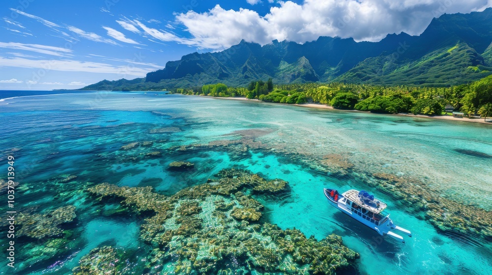 A boat is floating on the ocean near a beach. The water is clear and blue, and the sky is blue and cloudless. The scene is peaceful and serene, with the boat and the ocean creating a sense of calm A boat is floating on the ocean near a beach. The water is clear and blue, and the sky is blue and cloudless. The scene is peaceful and serene, with the boat and the ocean creating a sense of calm